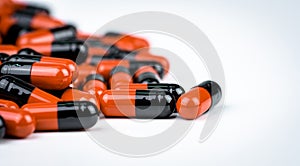 Orange-black capsule pills. Antibiotics drug resistance. Drug use with reasonable. Antimicrobial capsule pills. Pharmaceutical