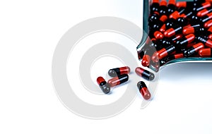 Orange-black capsule pills on drug tray. Antibiotics drug resistance. Drug use with reasonable. Antimicrobial capsule pills.