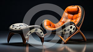 Orange and black chair and footstool sitting next to each other. Generative AI