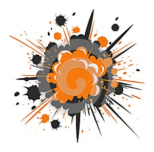 Orange and black comic book explosion bubble with splatter effects. Dynamic action boom blast concept. Excitement and