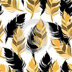 Orange and black feathers on White background. Seamless pattern. Vector illustration