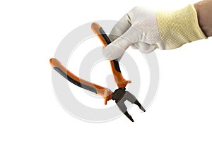 Orange and black flat-nose pliers in the hand in white glove isolated on white background