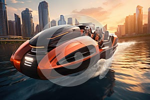 An orange and black hovercraft floats on water, ready to glide effortlessly across the surface, Single-seat, personal hovercrafts