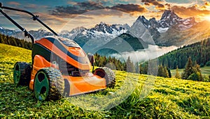 Orange and Black Lawn Mower on Green Grass in Mountain - Generative Ai