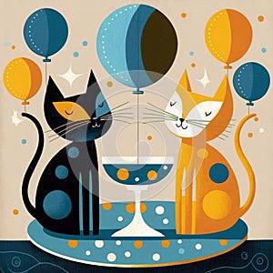 An orange and black retro style cats party with a champagne glass and Balloons