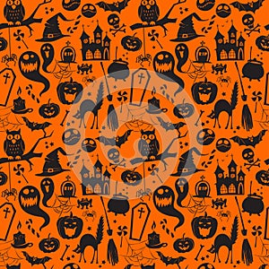 Orange and black seamless background silhouette halloween party pattern