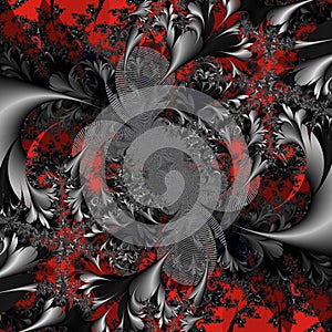 Orange black silver phosphorescent swirls fractal, abstract background