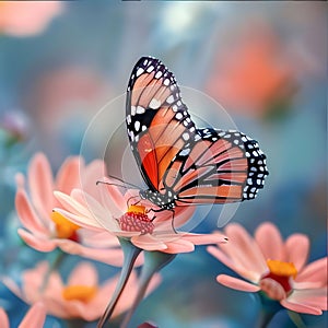 Orange black and white butterfly sitting on pink flower smudged background. Flowering flowers, a symbol of spring, new life