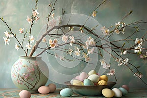 Orange blossom branches in vintage vase with pastel easter eggs