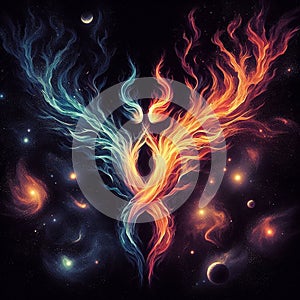 Orange and blue abstract flame. Twin flame logo. Esoteric concept of spiritual love. Illustration on black background