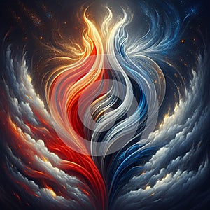 Orange and blue abstract flame. Twin flame logo. Esoteric concept of spiritual love. Illustration on black background