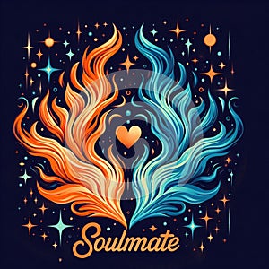 Orange and blue abstract flame. Twin flame logo. Esoteric concept of spiritual love. Illustration on black background