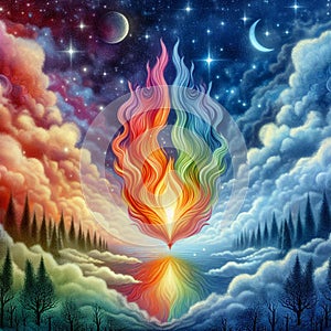 Orange and blue abstract flame. Twin flame logo. Esoteric concept of spiritual love. Illustration on black background