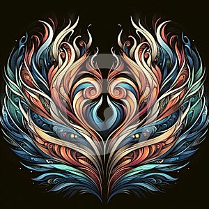 Orange and blue abstract flame. Twin flame logo. Esoteric concept of spiritual love. Illustration on black background