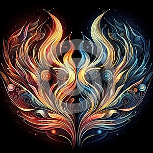 Orange and blue abstract flame. Twin flame logo. Esoteric concept of spiritual love. Illustration on black background