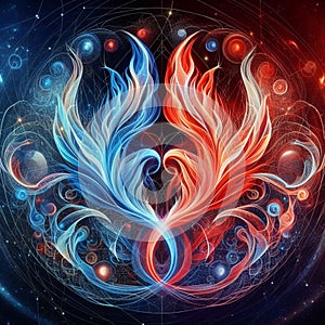 Orange and blue abstract flame. Twin flame logo. Esoteric concept of spiritual love. Illustration on black background