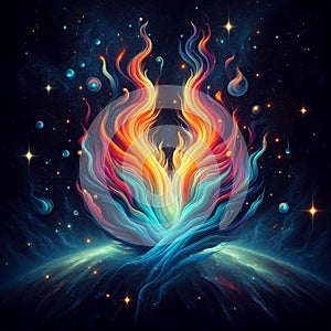 Orange and blue abstract flame. Twin flame logo. Esoteric concept of spiritual love. Illustration on black background