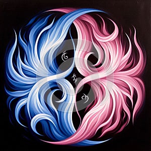 Orange and blue abstract flame. Twin flame logo. Esoteric concept of spiritual love. Illustration on black background
