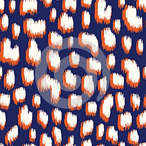 Orange and Blue Abstract Leopard Hand-Drawn Ikat Spots Animal Skin Vector Seamless Pattern. Organic Fragments Texture