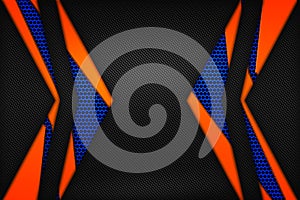 Orange blue and black carbon fiber. two tone metal background and texture