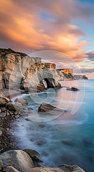 Orange and Blue Coastal Sunset with Rock Arch