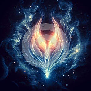 Orange and blue flame. Twin flame logo. Esoteric concept of spiritual love. Illustration on black background for web sites,
