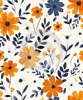 Orange and Blue Flower Pattern on White Background
