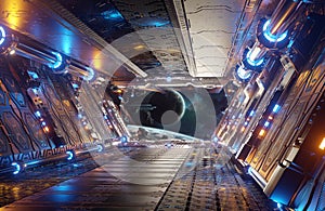 Orange and blue futuristic spaceship interior with window view on distant planets system 3d rendering