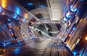 Orange and blue futuristic spaceship interior with window view on distant planets system 3d rendering