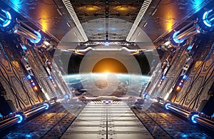 Orange and blue futuristic spaceship interior with window view on planet Earth 3d rendering