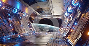 Orange and blue futuristic spaceship interior with window view on planet Earth 3d rendering