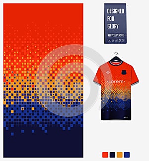 Orange blue geometry shape abstract background. Fabric pattern design for soccer jersey, football kit, sport uniform. T-shirt