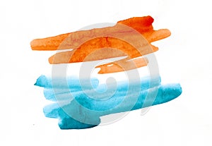 Orange blue green watercolor. Isolated on white background. Orange teal stain.