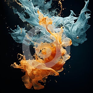 orange and blue liquid splashing into water on a black background