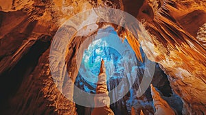 Orange And Blue Lit Cave With Stalactite And Stalagmite Formations