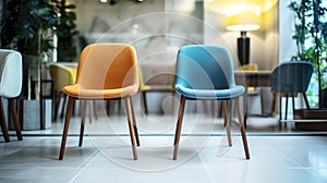 Orange and blue modern chairs stand in well lit interior office space. Elegance and design highlighted in minimalist