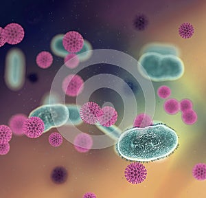 orange blue and purple virus bacteria disease cells and red blood out breaking and risk concept