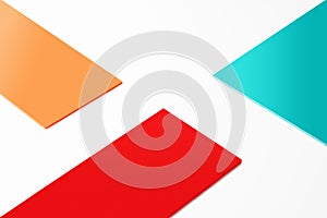 Orange, blue and red geometric layers on white background with copy space