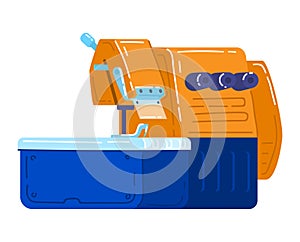 Orange and blue robotic arm in industrial setting. Automated machinery equipment for factory production line vector