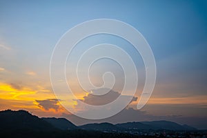 Orange blue sky and clouds above the sea. Morning sky with clou