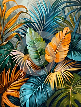 Orange Blue Tropical Leaves Painting.