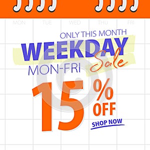 Orange blue Weekday sale 15 percent off promotion website banner heading design on calendar background vector for banner or poster