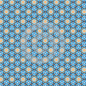 Orange blue white colors Decorative mosaic fabric and paper pattern of geometric floral ordered motifs