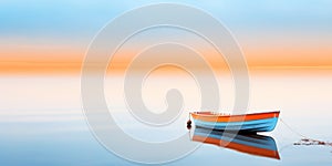 Orange boat in a calm sea waters near a beachline. Calm, tranquil landscape. Generative AI