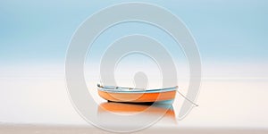 Orange boat in a calm sea waters near a beachline. Calm, tranquil landscape. Generative AI