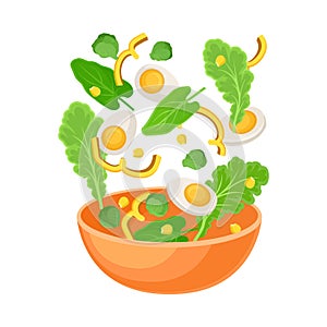 Orange bowl with boiled egg and herbs. Vector illustration on a white background.