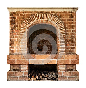 Orange brick fireplace isolated on white background with clipping path