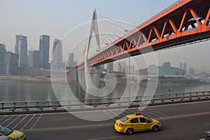 Orange Bridge in Chongquin, China w/ Taxis