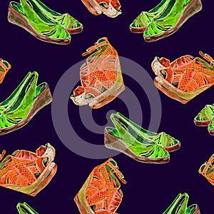 Orange bright neon color leather wedge shoes and green slingbacks shoes, seamless pattern on dark blue background photo