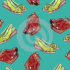 Orange bright red leather wedge shoes and green slingbacks shoes, seamless pattern on turquoise green background photo